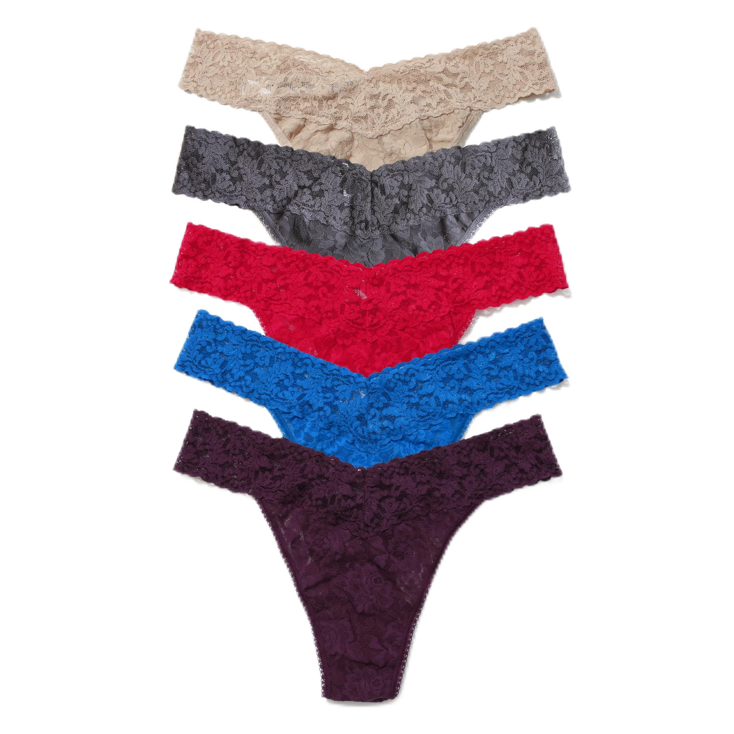 hanky panky - Signature Lace Original Rise Thongs: Summer Edition | One Size 4-14 | Lace Lingerie Underwear | 3 or 5 pack, Chai/Granite/Beet Juice/Cerulean Blue/Stonefruit, One size