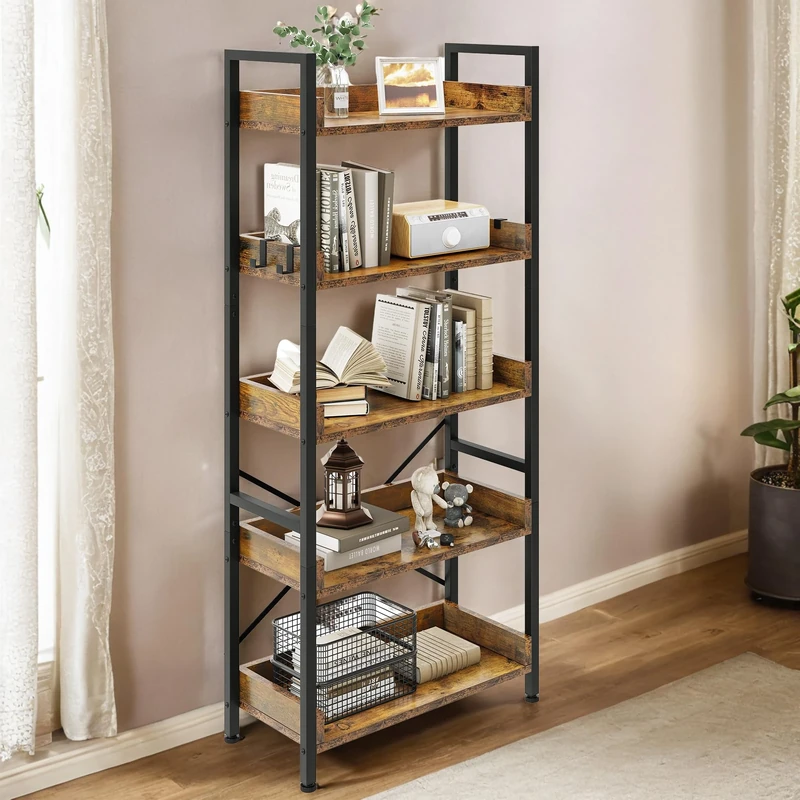 YITAHOME 5 Tier Bookcase, Floorstanding Wooden Shelves with Stable Steel Frame Shelving Unit, Industrial Storage Organizer Shelf with 4 Hooks for Living Room Home Office, Rustic Brown