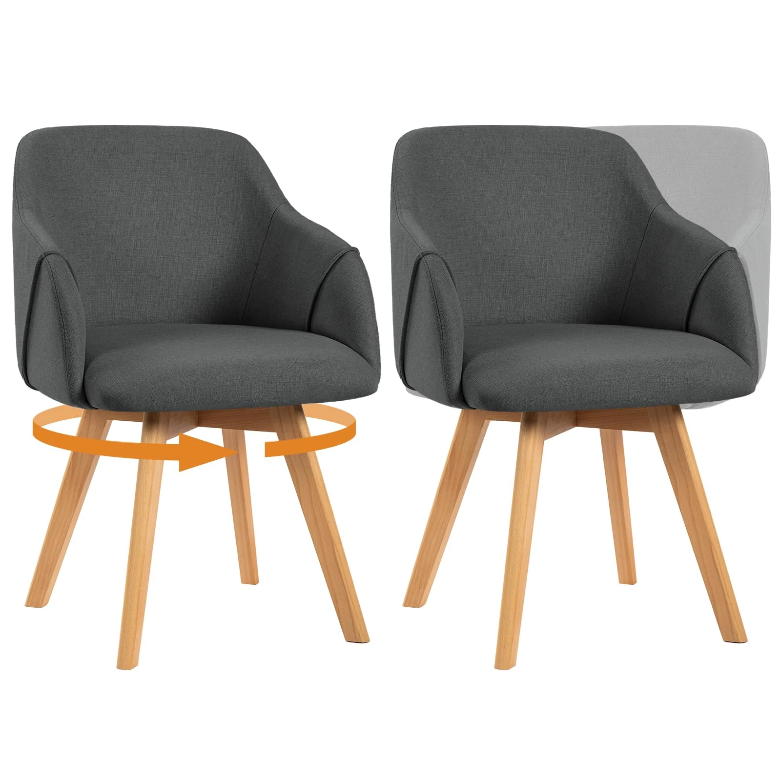 Bekrvio Set of 2 Swivel Dining Chairs with Arms – Upholstered in Breathable Linen, Wide Padded Seat with Beech Wood Legs, 360° Rotating Accent Armchair for Kitchen, Dining Room, Living Room
