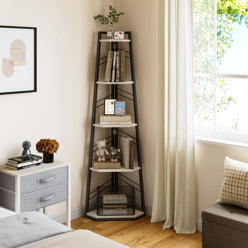 YITAHOME Corner Shelf, 5 Tier Ladder Shelf, Industrial Corner Bookshelf, Floorstanding Shelving Unit, Wooden Open Bookcase for Living Room, Hallway, Bedroom, Home Office, White Bookshelves - Image 1