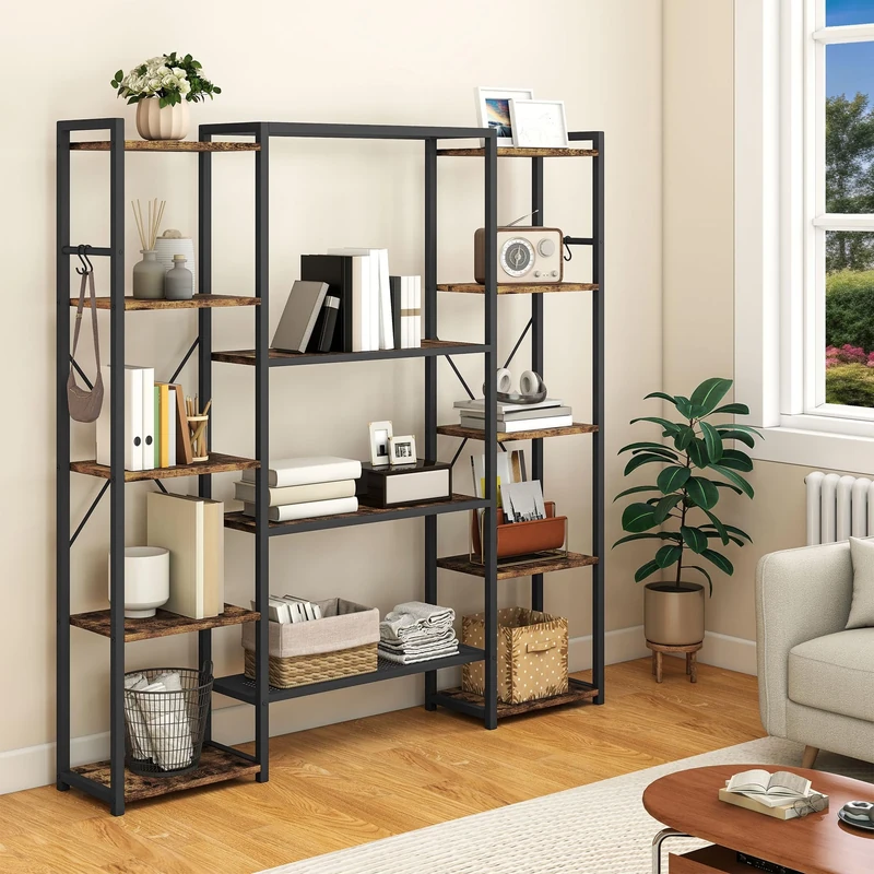 YITAHOME Industrial Bookcase, 13-Shelf Floorstanding Bookshelf, Wooden Shelves and Metal Frame Shelving Unit, Book Rack and Display Organizer for Living Room, Home Office, Rustic Brown