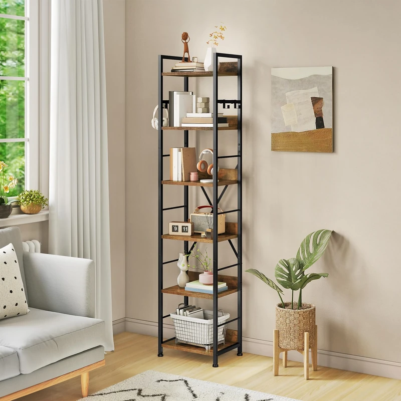 YITAHOME 6 Tier Bookcase, Industrial Book Shelf, Metal Frame and Wooden Shelves, Tall Shelving Unit with 4 Hooks, Book Rack and Display Organizer for Living Room, Home Office, Rustic Brown