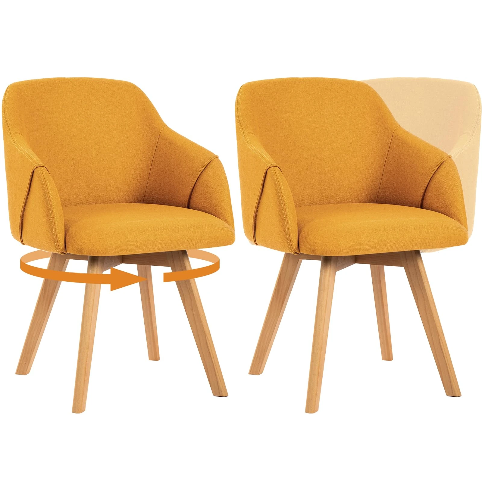 Bekrvio Set of 2 Swivel Dining Chairs with Arms – Upholstered in Breathable Linen, Wide Padded Seat with Beech Wood Legs, 360° Rotating Accent Armchair for Kitchen, Dining Room, Living Room