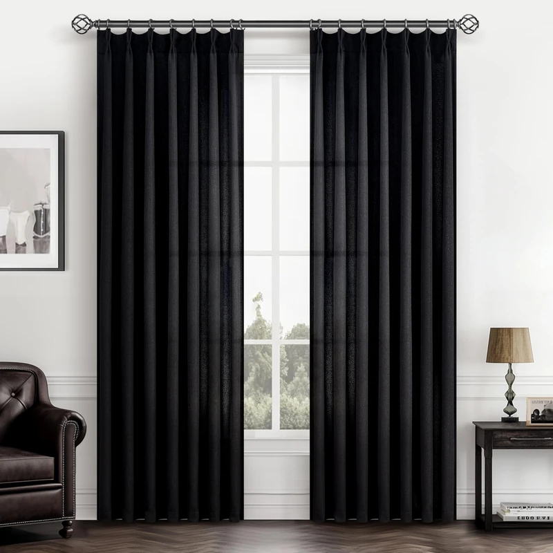 Black Viral Sheer Curtains 84 Inches Long for Living Room 2 Panels Set, Modern Pinch Pleat Textured Linen Bedroom Curtain Light Filtering Privacy Aesthetic Window Drapes for Ceiling Track 84 Inch Burg