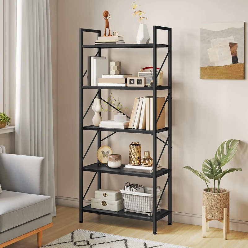 YITAHOME Bookshelf, 5 Tiers Bookcase Tall Book shelf with Metal Frame, Industrial Display Storage Rack, Shelving Units for Living Room Bedroom Home Office Kitchen, Black Book Shelves