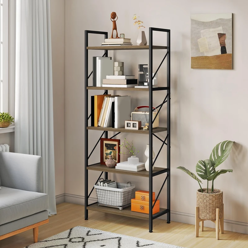 YITAHOME Bookshelf, 5 Tiers Bookcase Tall Book shelf with Metal Frame, Industrial Display Storage Rack, Shelving Units for Living Room Bedroom Home Office Kitchen, Grey Book Shelves