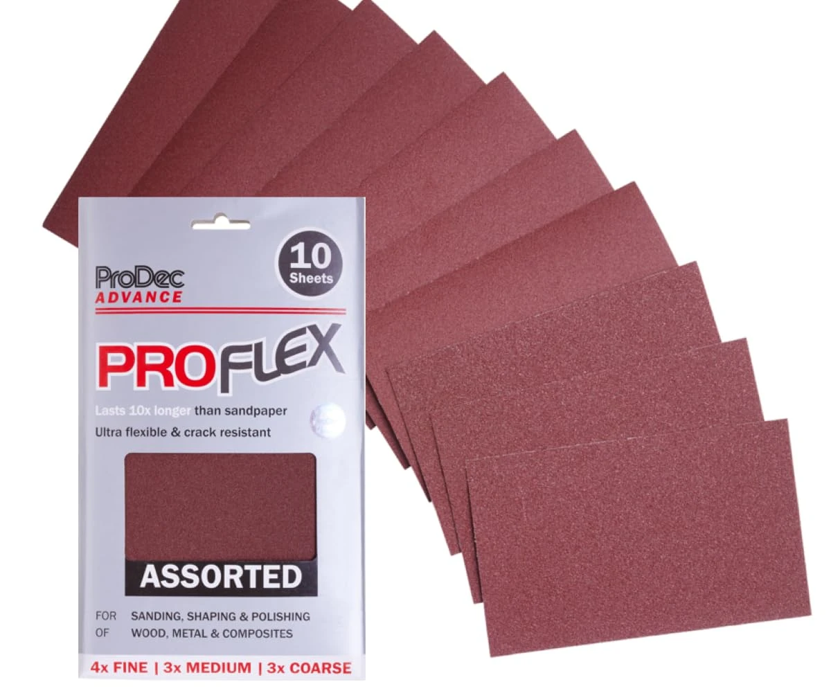 ProDec Advance 10 Sheets Assorted Grades Proflex Ultra Flexible Crack Resistant Aluminium Oxide Abrasive Sanding Paper for Sanding Wood, Paint, Plaster, Filler, Metal & More, 9" x 5.5",230x140mm