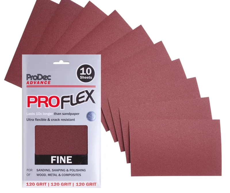 ProDec Advance 10 Sheets Fine Grade 120 Grit ProFlex Ultra Flexible Crack Resistant Aluminium Oxide Abrasive Sanding Paper for Sanding Wood, Paint, Plaster, Filler, Metal & More, 9" x 4.5", 230x140mm