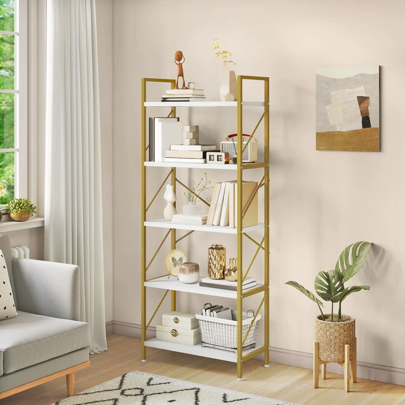YITAHOME Bookshelf, 5 Tiers Bookcase Tall Book shelf with Metal Frame, Industrial Display Storage Rack, Shelving Units for Living Room Bedroom Home Office Kitchen, Gold Book Shelves