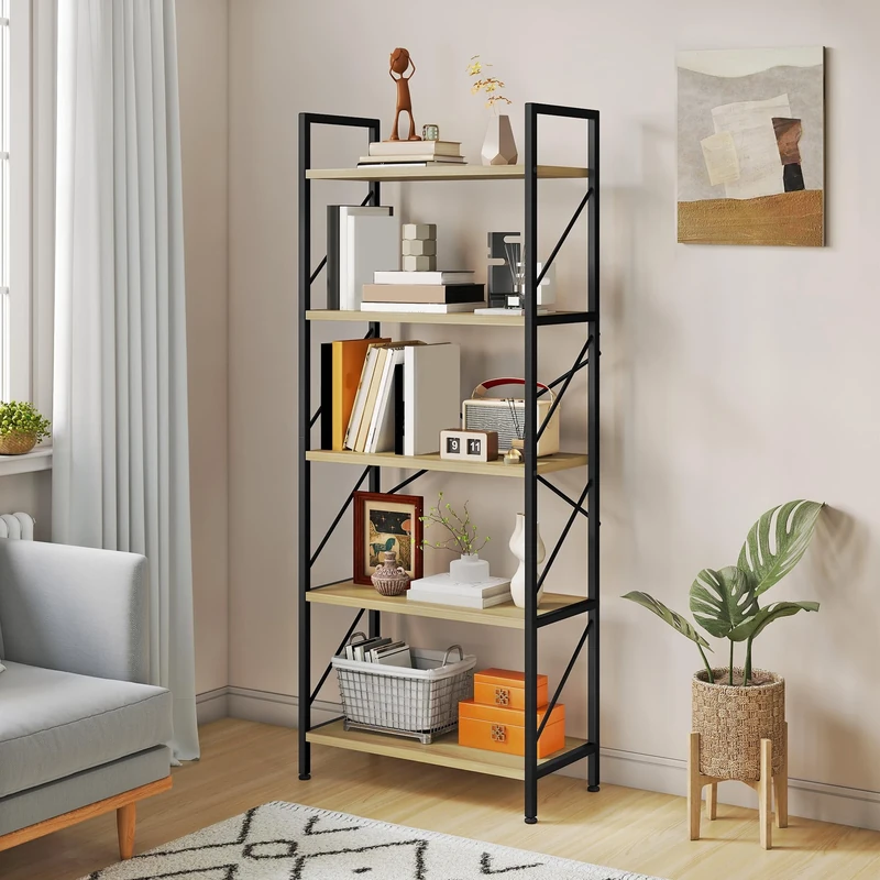 YITAHOME Bookshelf, 5 Tiers Bookcase Tall Book shelf with Metal Frame, Industrial Display Storage Rack, Shelving Units for Living Room Bedroom Home Office Kitchen, Oak Color Book Shelves