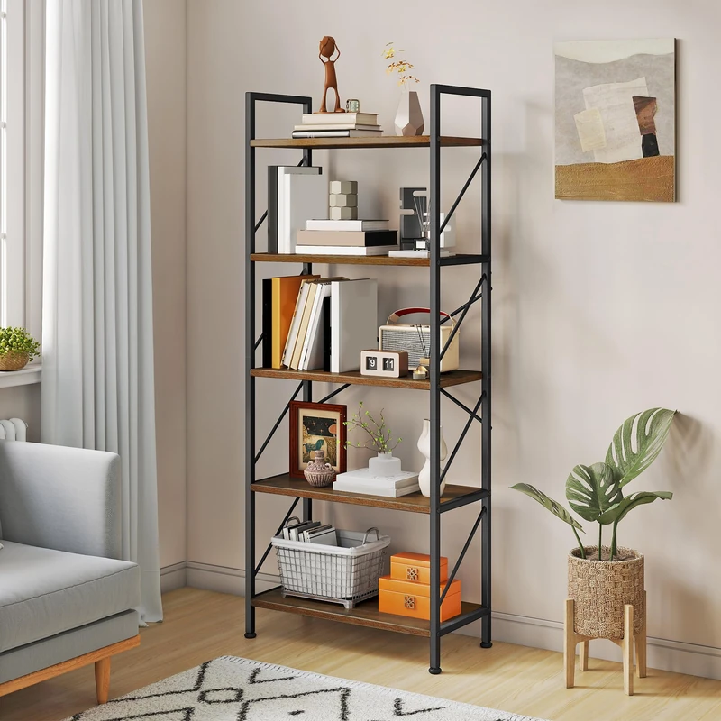 YITAHOME Bookcase, Standing Shelf with 5 Levels, High Storage Shelf with Metal Frame, Industrial Display Shelf, Shelving Units, for Living Room, Bedroom, Home Office, Kitchen, Vintage Brown Shelf