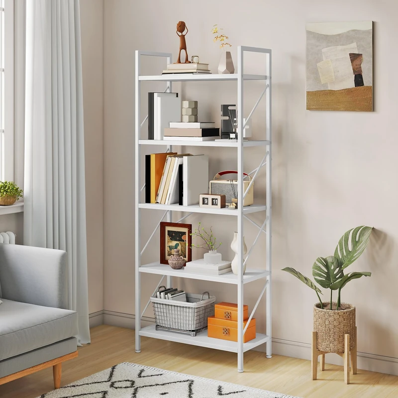 YITAHOME Bookshelf, 5 Tiers Bookcase Tall Book shelf with Metal Frame, Industrial Display Storage Rack, Shelving Units for Living Room Bedroom Home Office Kitchen, Pure White Book Shelves