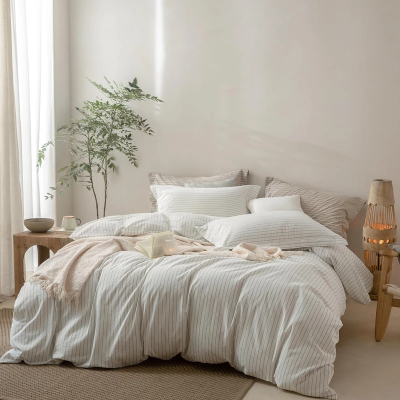 BDEAR Pinstripe Duvet Cover Queen Size 90x90in, 100% Washed Cotton Duvet Cover with Zipper Closure and 2 Pillowcases, Stripe: White-Sage Green