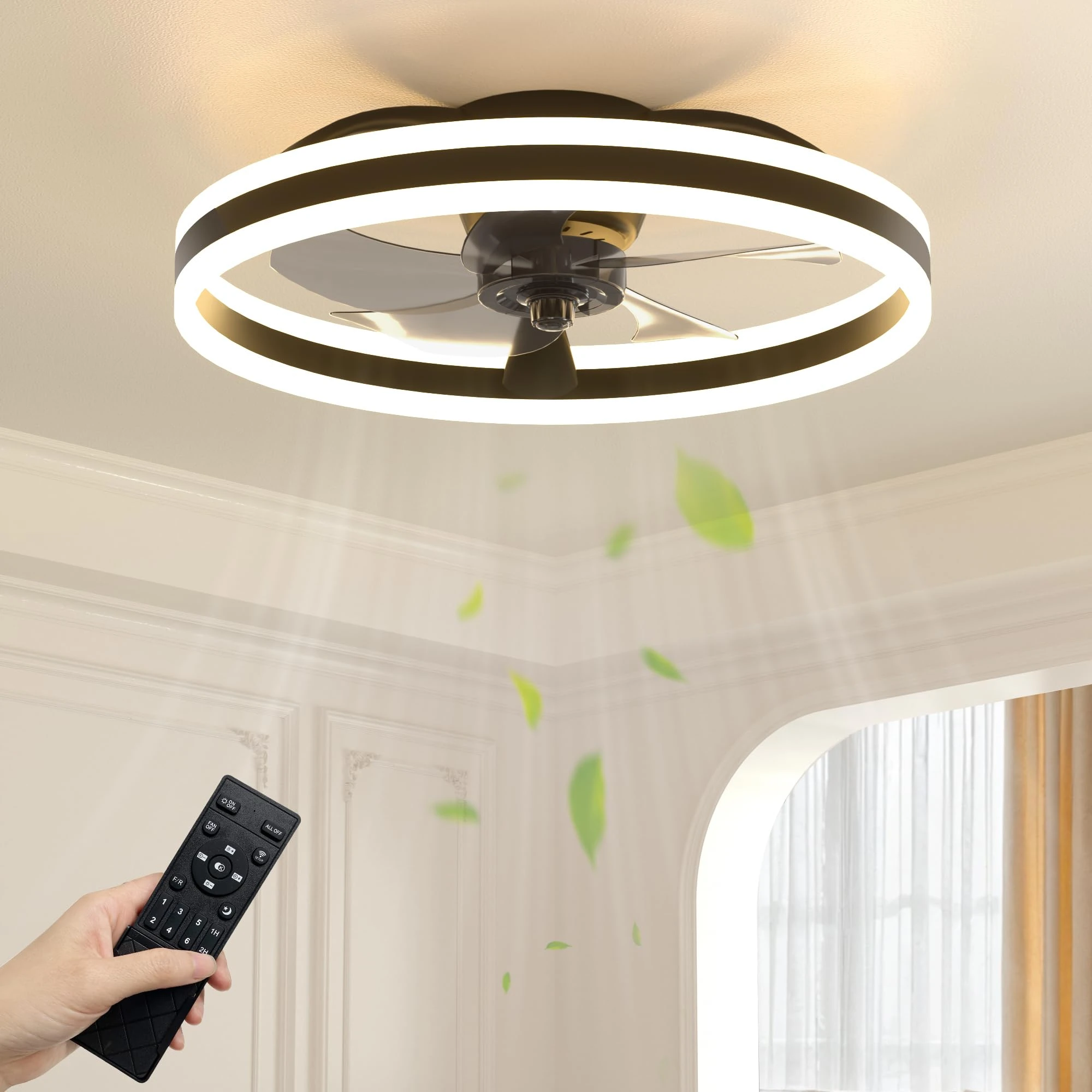 NIORSUN Ceiling Fans with Lights and Remote, 40cm Modern Smart LED Ceiling Fan Light, 6 Speeds and 3000K-6500K Dimmable Quiet Fan Ceiling Lights for Bedroom Living Room Dining Room (Black)