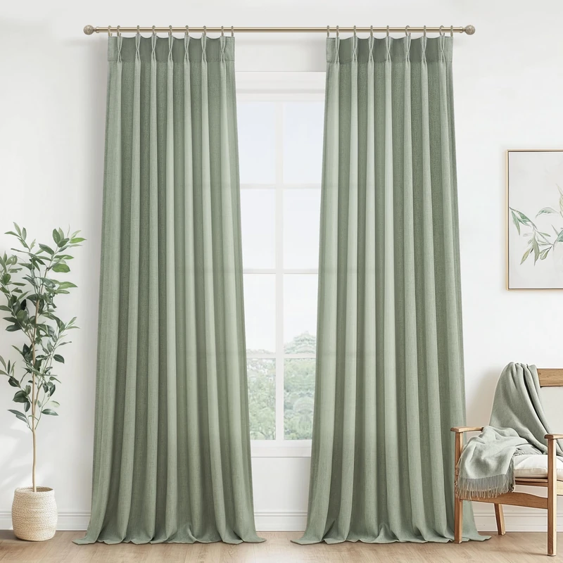 Extra Long Sage Green Thick Linen Sheer Curtains 108 Inches Long for Sliding Glass Door, Lush Decor Pinch Pleated Aesthetic Curtain with Hooks Rings & Back Tab 9 FT Bedroom Window Drapes 2 Panels Set