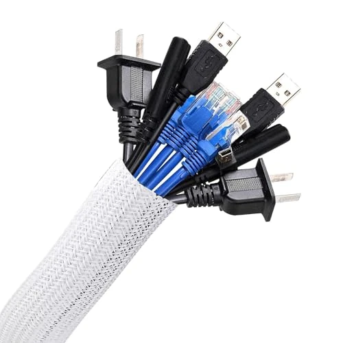 AGPTEK 25 mm-3 m Cable Sleeve, Self-Closing Cable Duct, Flexible Woven Cable Sheath, Cable Management for Desk, TV, Computer, PC, Cable Protector for Dog, Cat, White