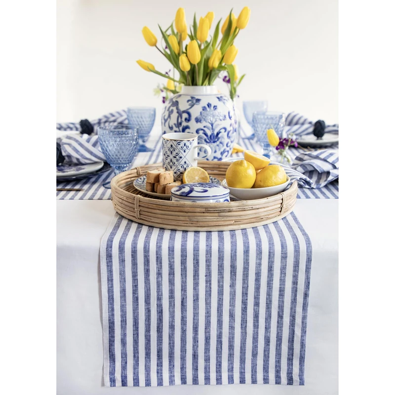 Solino Home Striped Table Runner 132 Inches Long - Amalfi Stripe 100% Pure Linen Navy and White Dining Table Runner 14 x 132 Inch for 4th of July, Father's Day, Summer