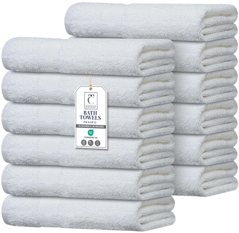 TEXCRAFT Commercial Bulk Pack of 12 Bath Towels – 100% Cotton Terry 24" x 48" – Ideal for Hotels, Salons, Gyms, Spas & Institutional Use – White