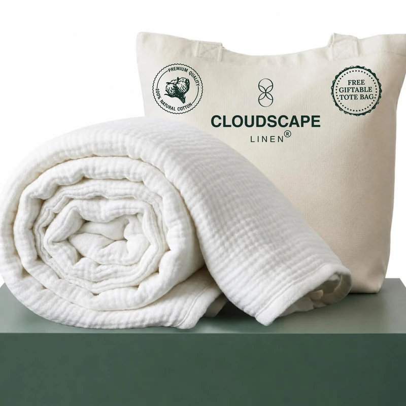 Cloud Scape Linen Cotton Blanket for Bed Soft Large 4 Layer Muslin Bed Blankets Lightweight Breathable Blanket All Season Gauze Blanket (White, Twin)