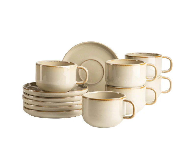 MÄSER Cordelia Series, Coffee Cups Set for 6 People, Made of High-Quality Stoneware, 12-Piece Coffee Service Consisting of 6 Cups and 6 Saucers, Stoneware, Sand