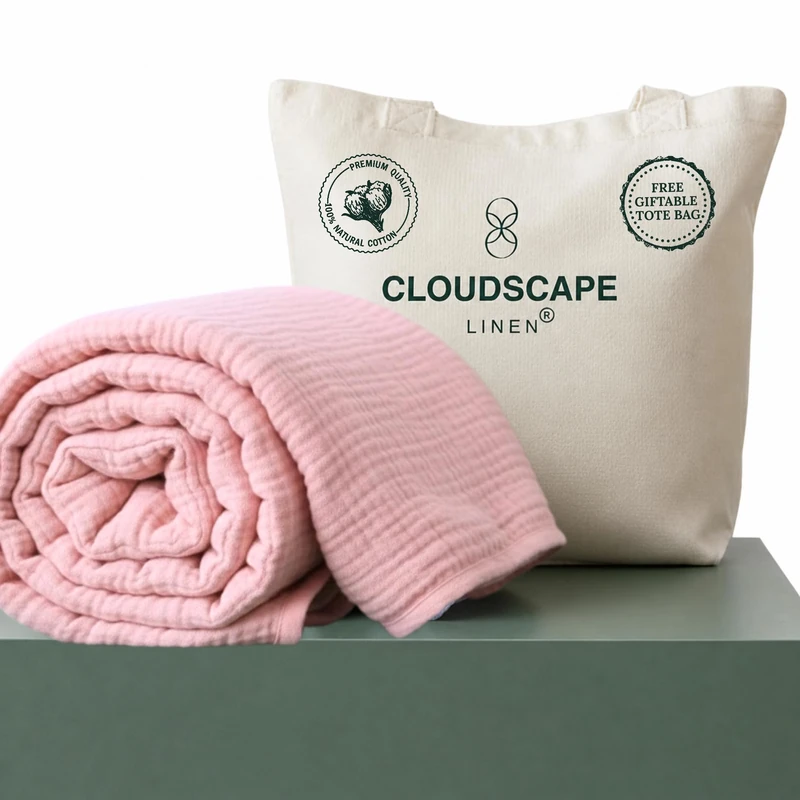 CLOUDSCAPE 4 Layer Muslin Blanket for Adults, 100% Cotton Blankets Twin Size for All-Season, 68"x92" Fits Upto TwinXL Bed Ultra Soft Lightweight Breathable Cotton Blankets for Summer - Seashell Pink