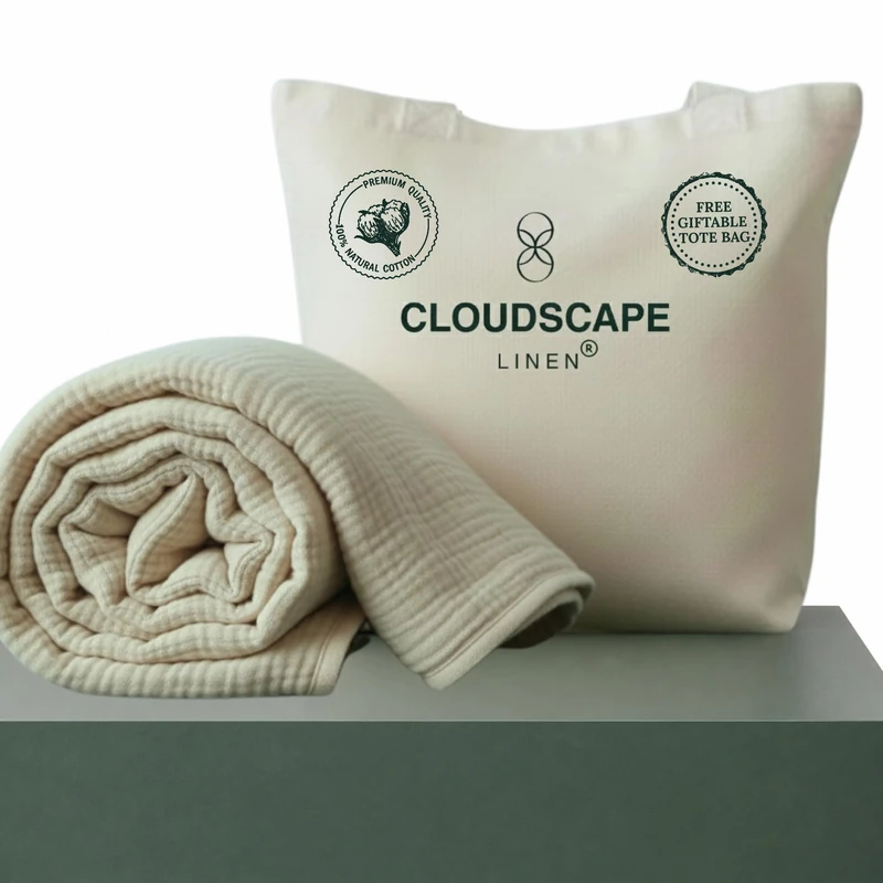 Cloud Scape Linen Cotton Blanket for Bed Soft Large 4 Layer Muslin Bed Blankets Lightweight Breathable Blanket All Season Gauze Blanket (Fog, Throw (50x70))