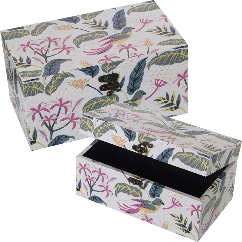 Set of 2 Boxes Decorations Madderadm/Lona Polyester Loro + Houses 30 x 18 x 15 + 24 x 14 x 12 cm