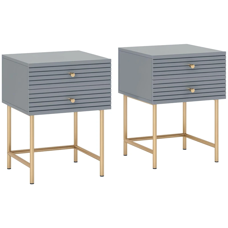 HOMCOM Bedside Tables Set of 2, Bedside Cabinet with 2 Drawers, Gold Steel Legs, Modern Side Table with Striped Panel for Bedroom, Living Room, Grey