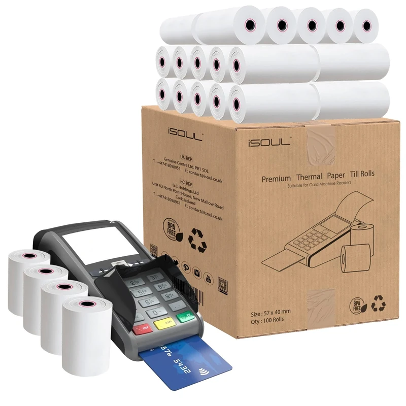 iSOUL 57 x 40mm Till roll, Card Machine Paper Rolls, 500-Pack POS, PDQ Rolls, Thermal Receipt Printer Rolls for Credit Card Machine Rolls, EPOS Compatible with Clover Flex Verifone Ingenico Paypoint