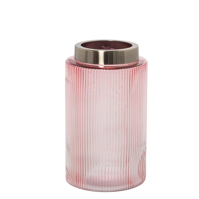 Jarron Crystal Pink Borde Dorada 12 x 20 cm, Metal Mouth: 9 cm
