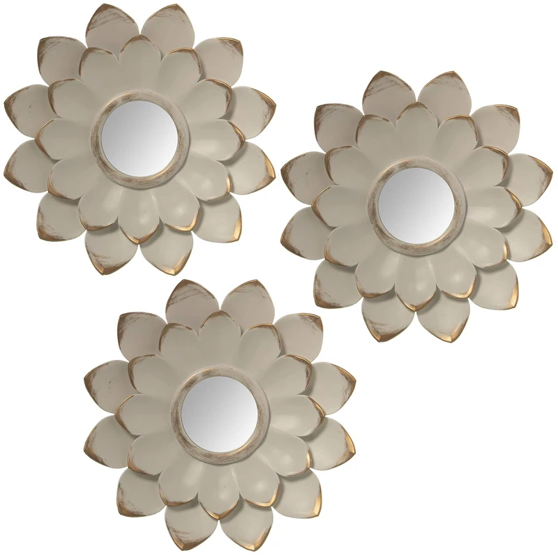 Set of 3 Adornos Painted Flower Melamine Blanco Viejo C/Espejo_° 25 cm