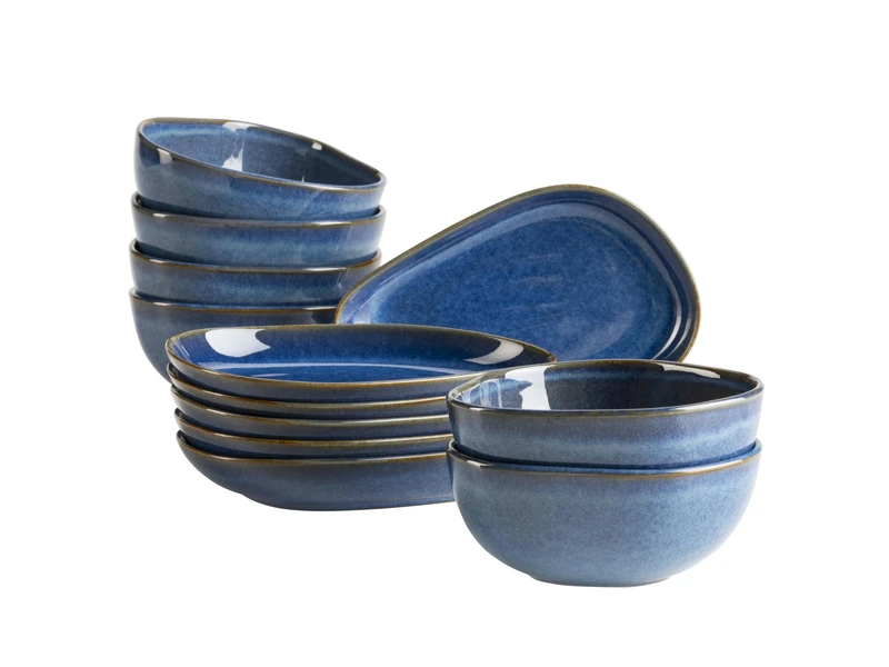 MÄSER Cordelia Series 12-Piece Snacking Set Made of High-Quality Stoneware, Irregular Tableware Shapes, Stoneware, Royal Blue