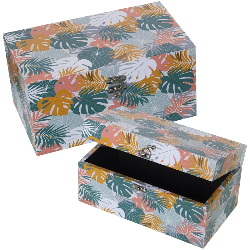 AlexandreHouse Set of 2 Madera Décor Boxes DM/LONA Polyester HOJAS 30 x 18 x 15 + 24 x 14 x 12 cm
