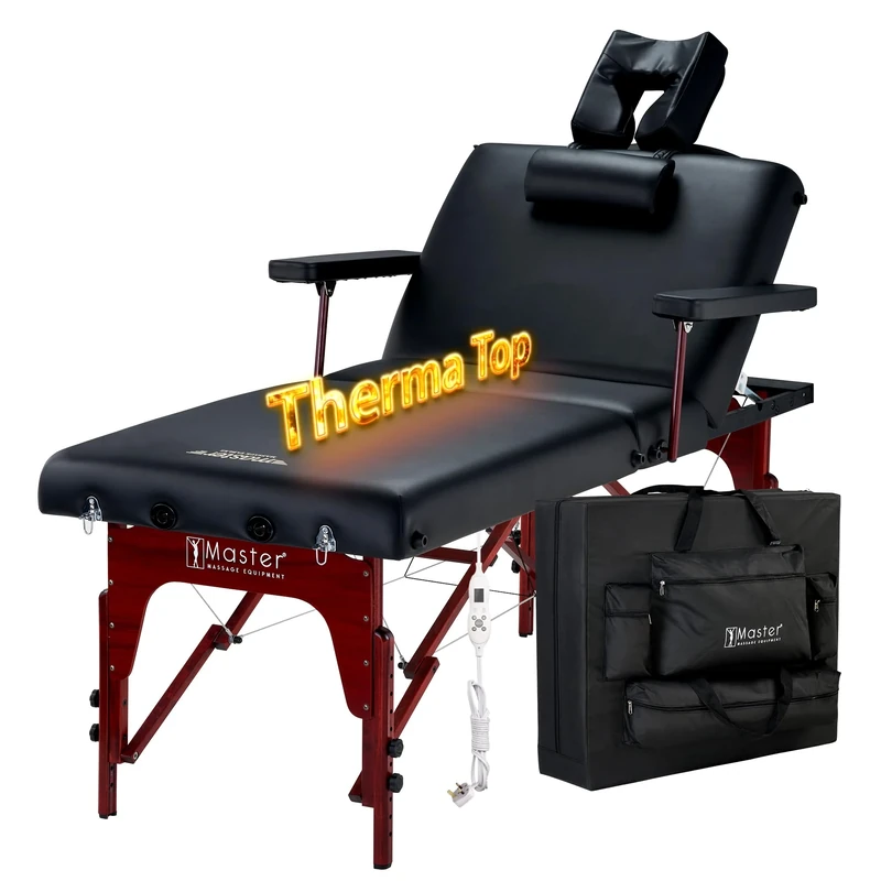 Master Massage 76cm 3 Section MEMORY FOAM Montclair Salon Spa Beauty Therma Top Best Portable Heated Folding Massage Table Bed Couch Package for Facial Tattoo, Black Color