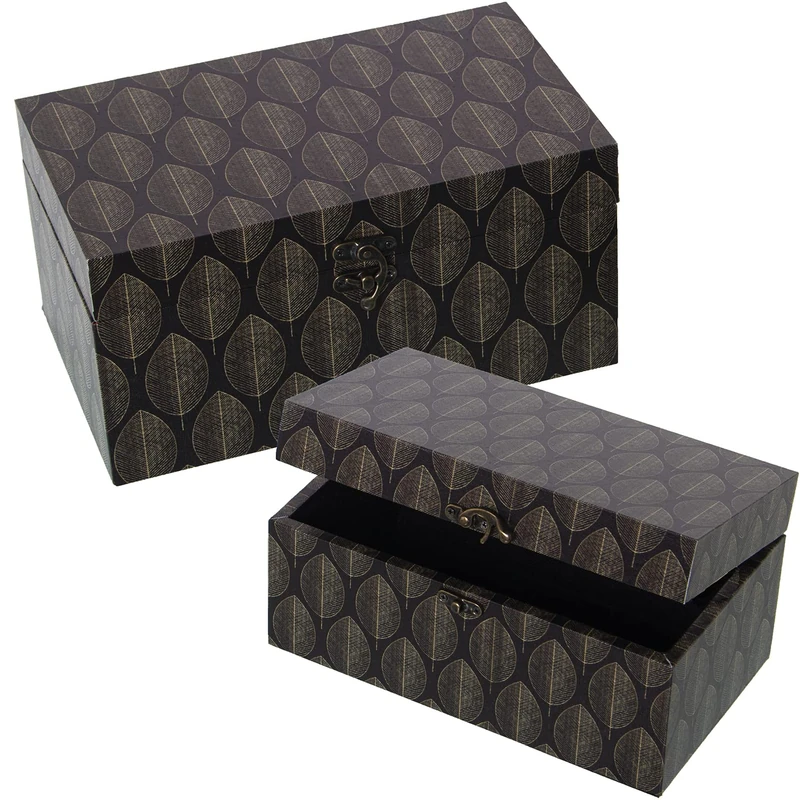 AlexandreHouse Set of 2 Madera Décor Boxes DM/LONA Polyester Hojas 30 x 18 x 15 + 24 x 14 x 12 cm - Image 1