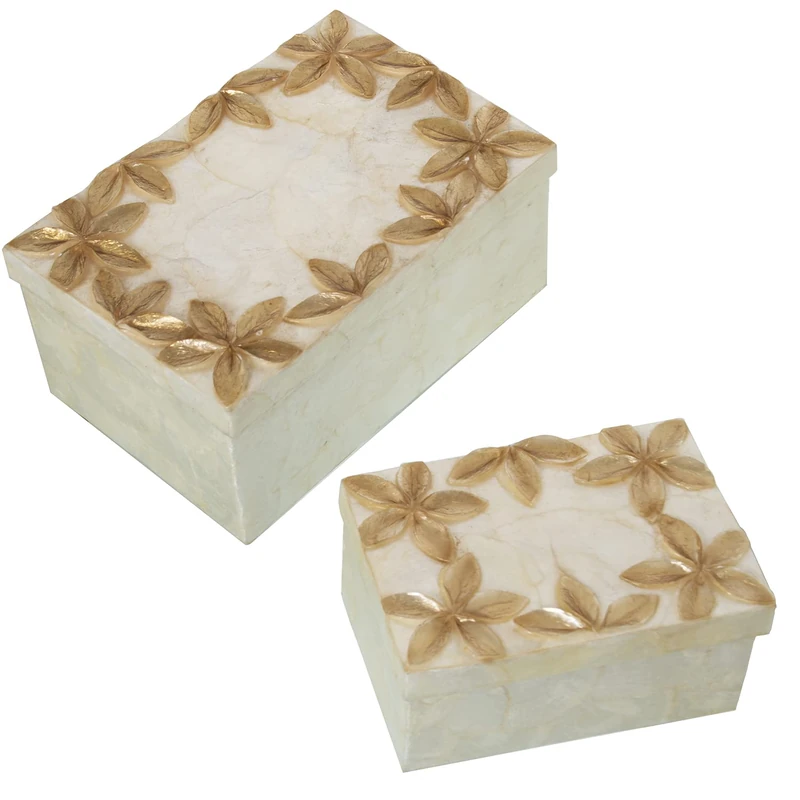 Set of 2 Rectangular Nácar Flower Relieve Toastado/Natural_21 x 14 x 10 cm + 16 x 11 x 8 cm - Image 1