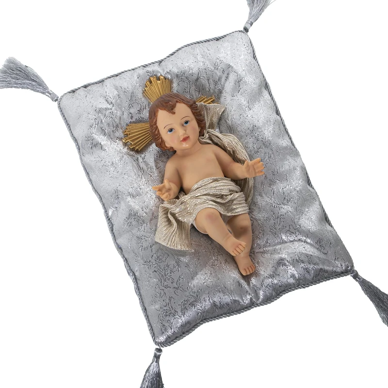 AlexandreHouse Resin Figure Niño JESÚS 28 CMC/COJÍN GRIS/PLATA_FIG:13 x 28 x 8 cm COJN:24 x 32 x 6 cm - Image 1