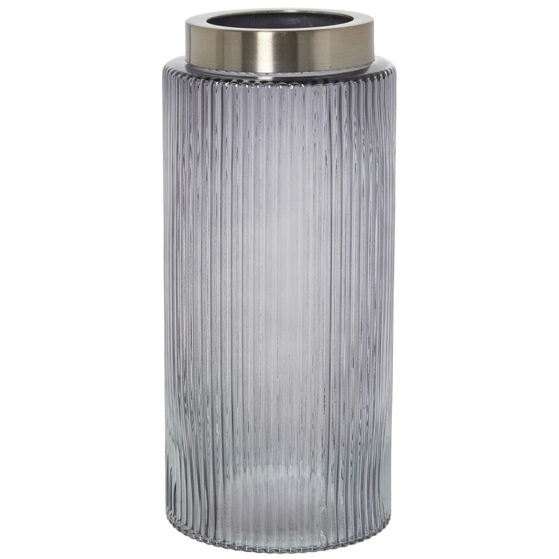 Jarron Crystal Gris Edges Metal Dorado 12 x 26 cm, Metal Mouth: 9 cm