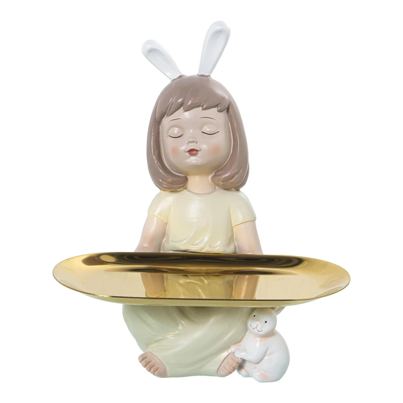 AlexandreHouse Resin figure Chica Sentada C/Orejas and bandeja metal_12 x 12 x 21 cm