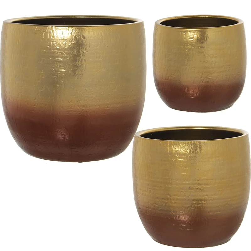 Set of 3 Maceteros Ceramica Dorado 2 Tonos 20 x 19 cm + 24 x 23 cm + 30 x 29 cm
