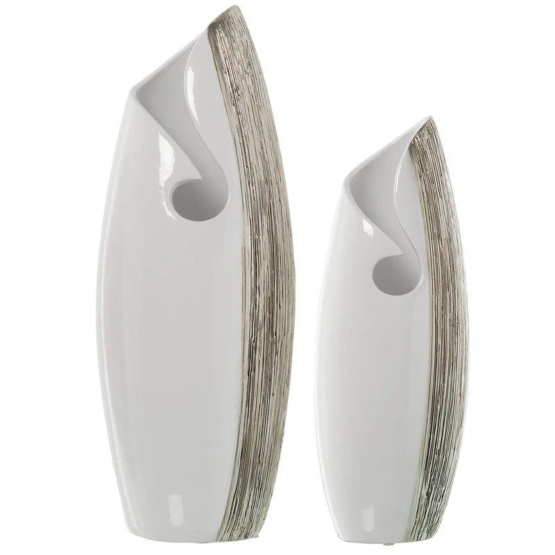 Set of 2 Jarrones Cerámica Blanco Platemado, 19 x 15 x 50 + 15 x 12 x 40 cm