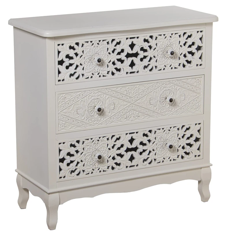 AlexandreHouse CÓMODA MADERA C/3 CAJONES TALLADA BLANCO 75 x 34 x 76 cm, Spruce + Pine + DM - Image 1