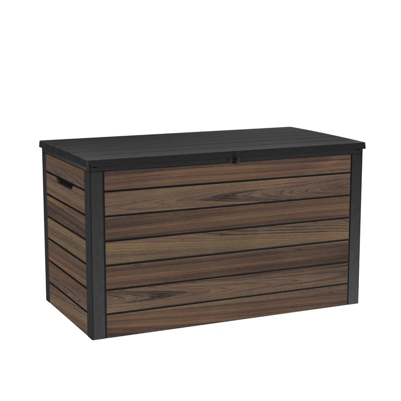 Keter Signature Ontario 575L Outdoor Storage Box – Rosewood | Weather‑Resistant Wood‑Look Storage Box with Lockable Lid, Extra Seating for 2, UV‑Protected Garden Storage