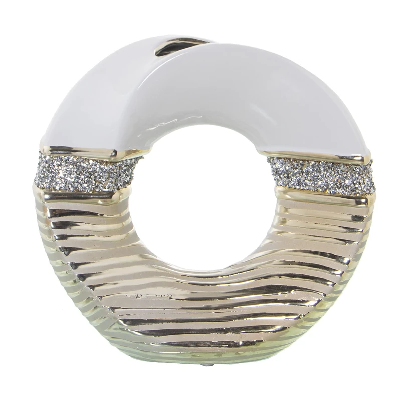 JARRÓN ARO CERÁMICA BLANCO/CHAMPAGNE C/BRILLOS 23X10X22CM - Image 1