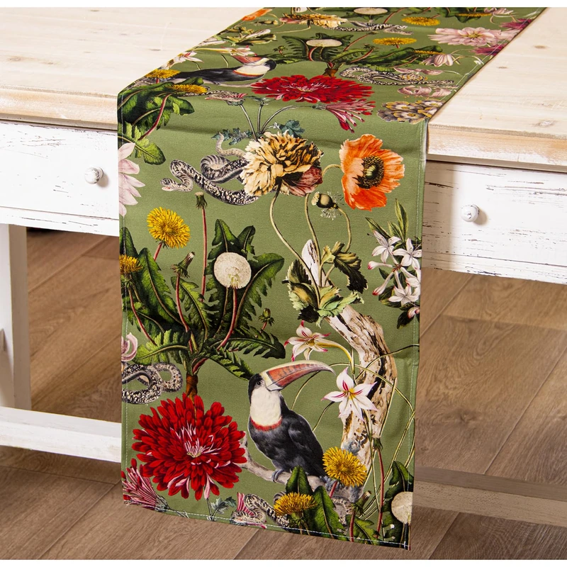 MESA RECTANGULAR ALGODÓN GREEN FLORES, UNA CARA 33X180 CM C/IMPRESIËN DIGITAL