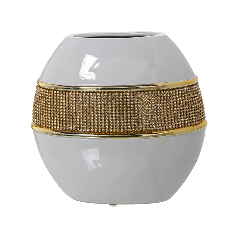 JARRÓN CERÁMICA BLANCO/GOLD C/BRILLOS GOLD 21X11X21CM