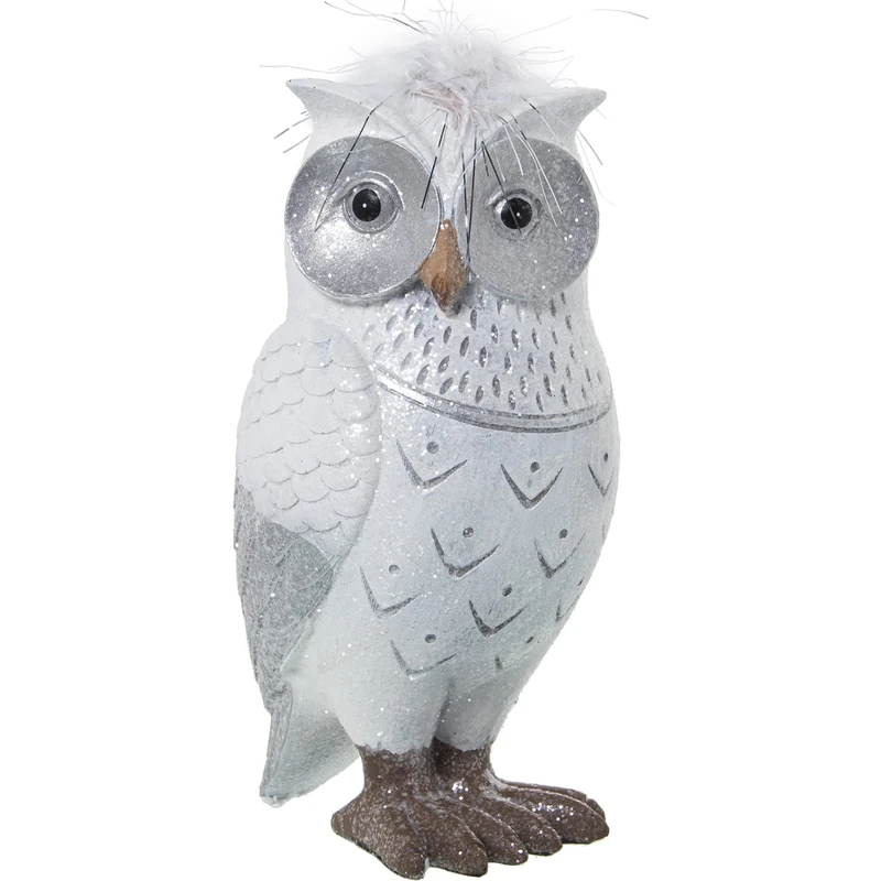 BÚHO Blanco/Plateado C/Pluma Artificial Resin Figure 9X9X17CM - Image 1