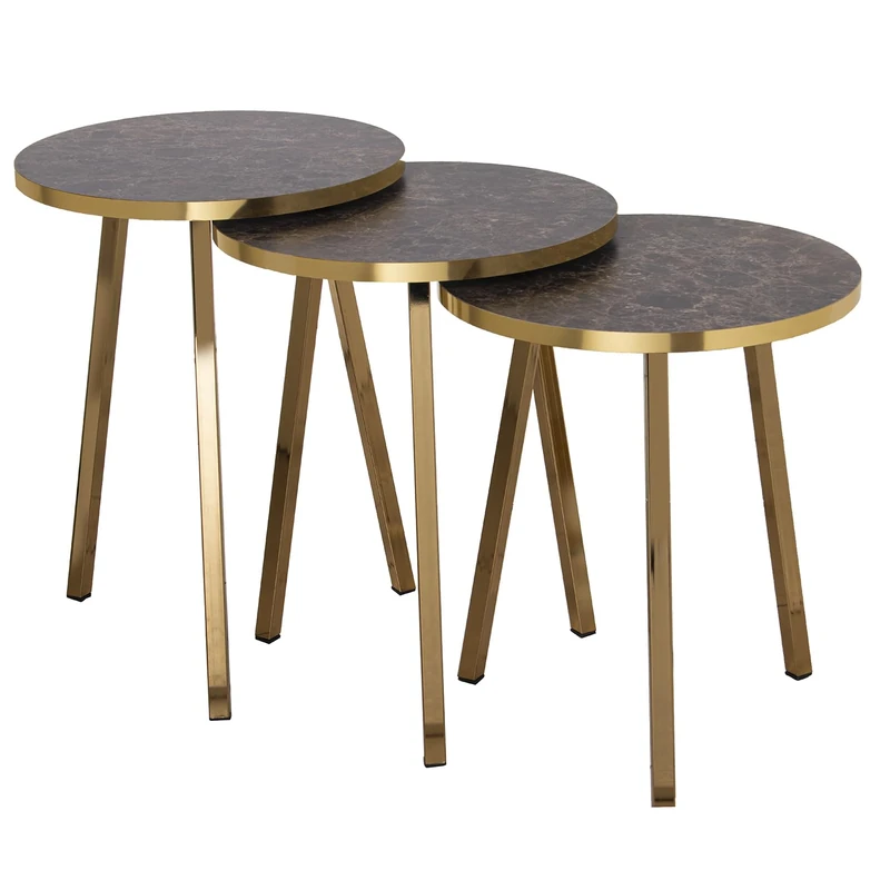 AlexandreHouse Set of 3 Mesas Aux. Madera Patasmetal Gold, EFECTO MÁRMOL MARRÓ_°38X51+°38X48+°38X45CM - Image 1
