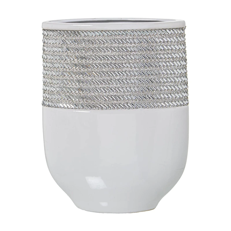 JARRÓN CERÁMICA BLANCO/PLATEADO 18X9X25CM - Image 1