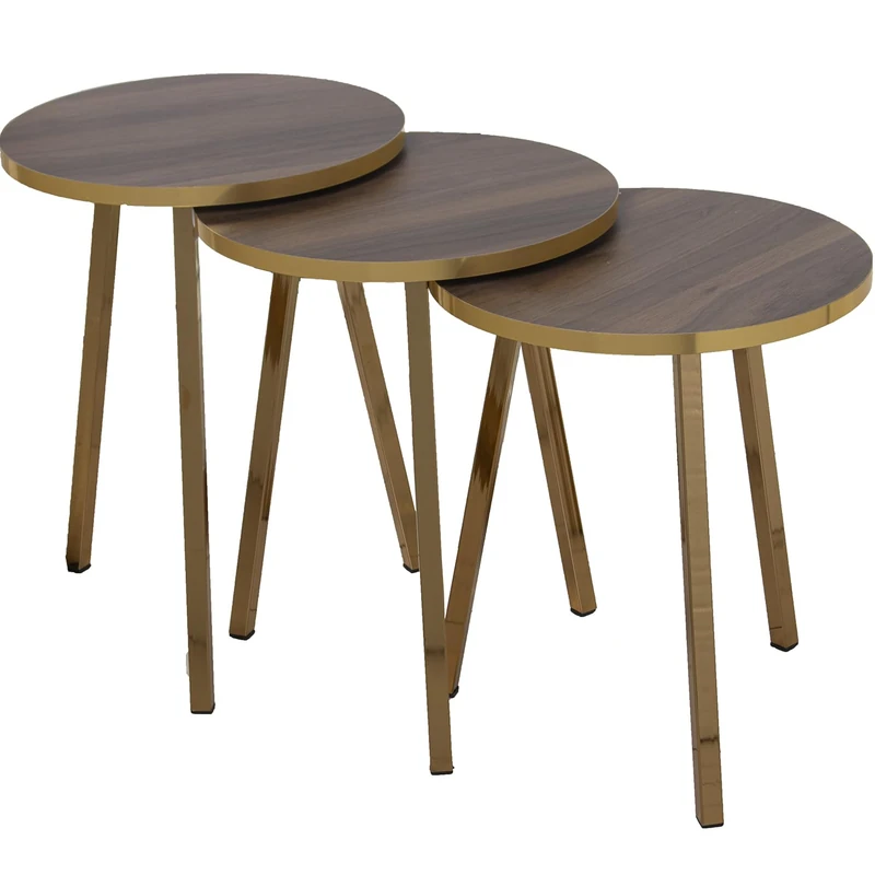 AlexandreHouse Set of 3 Mesas Aux. Madera Patasmetal Gold, Madera Colour NOGAL_°38X51+°38X48+°38X45cm